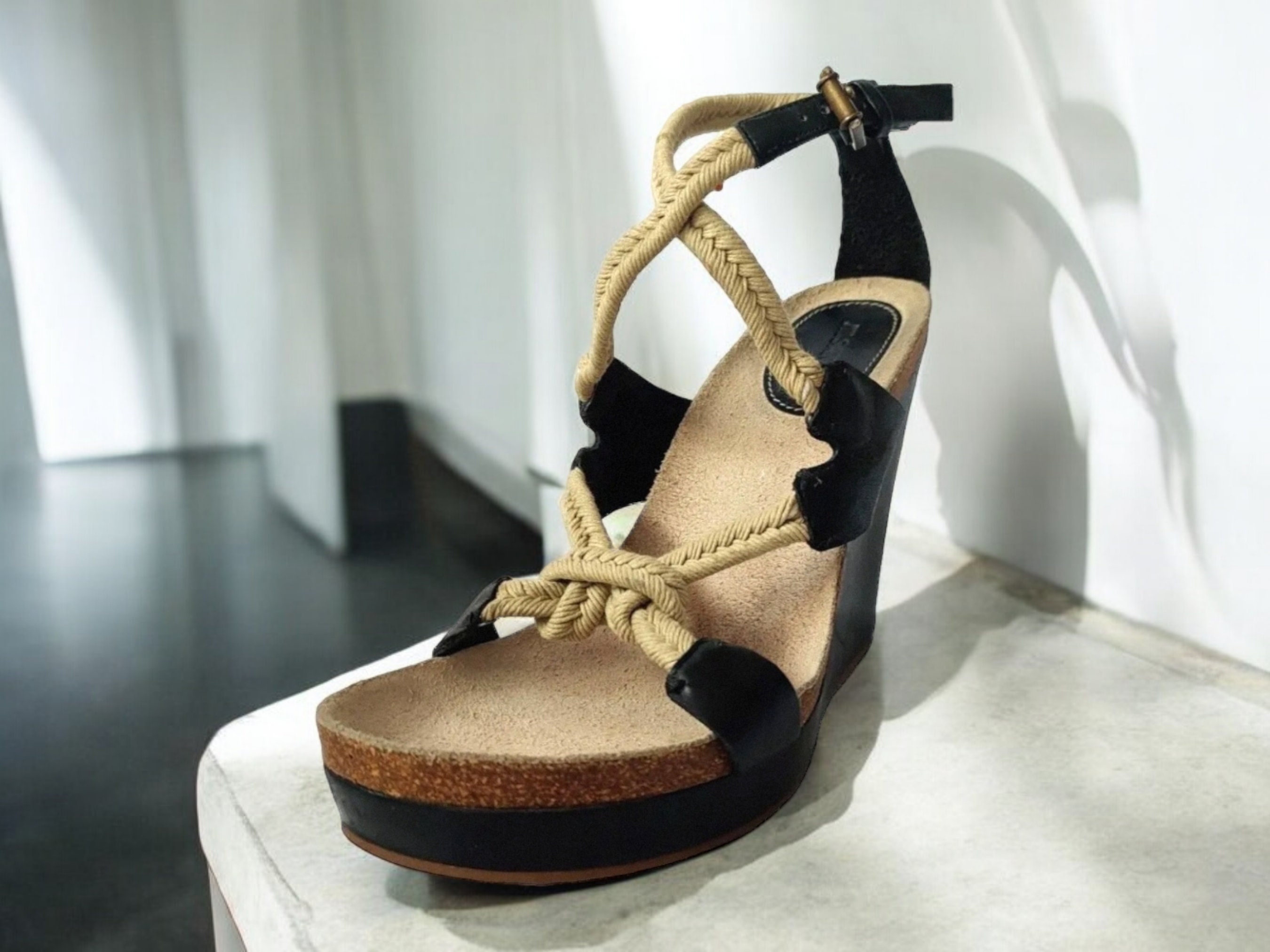 JIL SANDER High Heel Platform Wedges With Beige Rope Straps