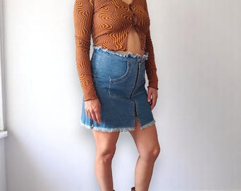 MISS SIXTY Minifalda vaquera vintage de cintura alta con cremallera y detalle de borlas, estilo años 90 y 2000, fabricada en Italia, talla L/XL