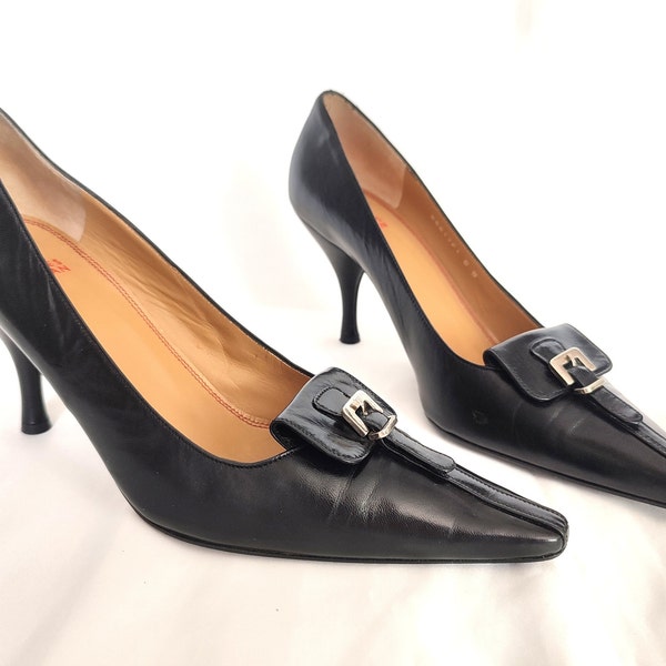 CHARLES JOURDAN Black Leather Pumps, Pointed Toe Mid Heels, 90s 00s Y2k Vintage Stiletto Pumps Made In France Eu37-37.5/Us6.5-7/Uk4-4.5