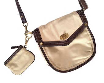 NINE WEST 90's Vintage Crossbody Bag With Wallet, Cream Cotton Canvas And Brown Leather Small Shoulder Bag, Y2k 90's 00's Trendy Bag