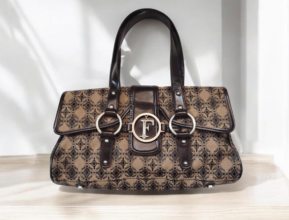 FERRE Vintage Monogram Shoulder Bag, Authentic Tote Bag With Logo And Faux Leather Detail, 90's 00's Y2k Designer Bag, Women Bags