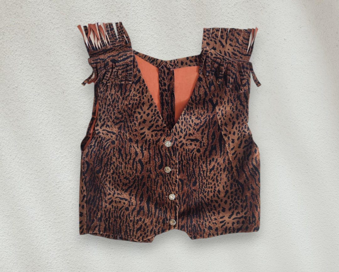 Vintage Leopard Faux Suede Vest With Shoulder Tassel, Button