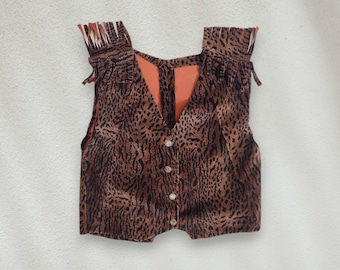Vintage 90s Leather Leopard Print Vest,90s Safari Vest,vintage