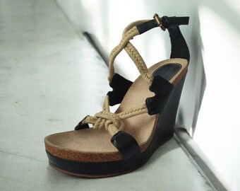 JIL SANDER High Heel Platform Wedges With Beige Rope Straps