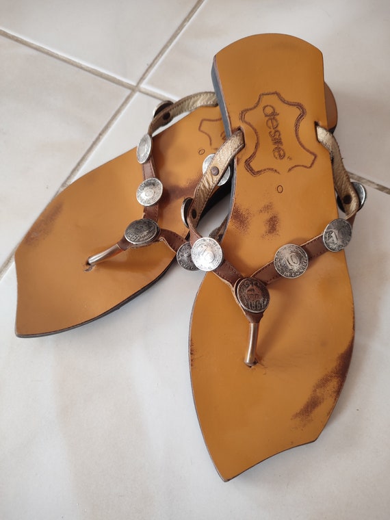 90's Y2k Vintage Flip Flops Leather Slippers With… - image 8