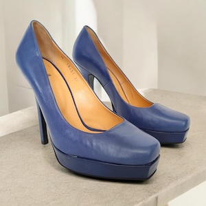Blue Leather Square Toe Stiletto Heel Platform Pumps 90&#39;s 00&#39;s Y2k Vintage Unused Retro Pumps Heels Eu36-37/Us6-6.5/Uk3.5-4