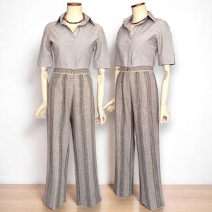 Vintage Gray Striped Woven Pants Shirt Suit Set High Waist Straight Wide Leg Trousers Short Sleeve Cotton Shirt 90s 00s Y2k Women&#39;s Suit S-M
