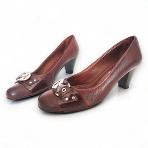 Vintage Brown Leather Pumps with Buckled Short Heeled Pumps Made In Italy, 70s 80s 90s Pumps Eu36/Us6