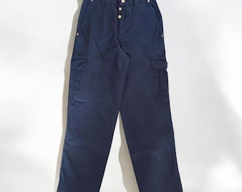 Vintage Navy Cotton Utility Cargo Pants High Waist Wide Leg Straight Women's Pants 90's 00's Y2k Sportswear VARIANTE Sport Jeans