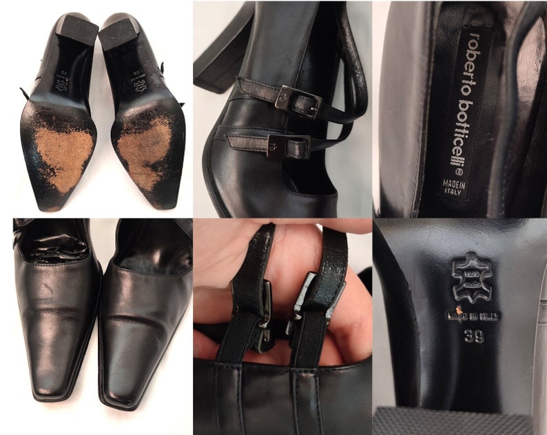 May include: Black leather heeled shoes with a buckle strap and a pointed toe. The shoes have a label that reads "roberto botticelli" and "made in italy".