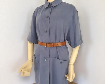 Camicie oversize lunghe a maniche corte vintage in viola con bottoni e  tasche, cardigan anni '80 e '90,