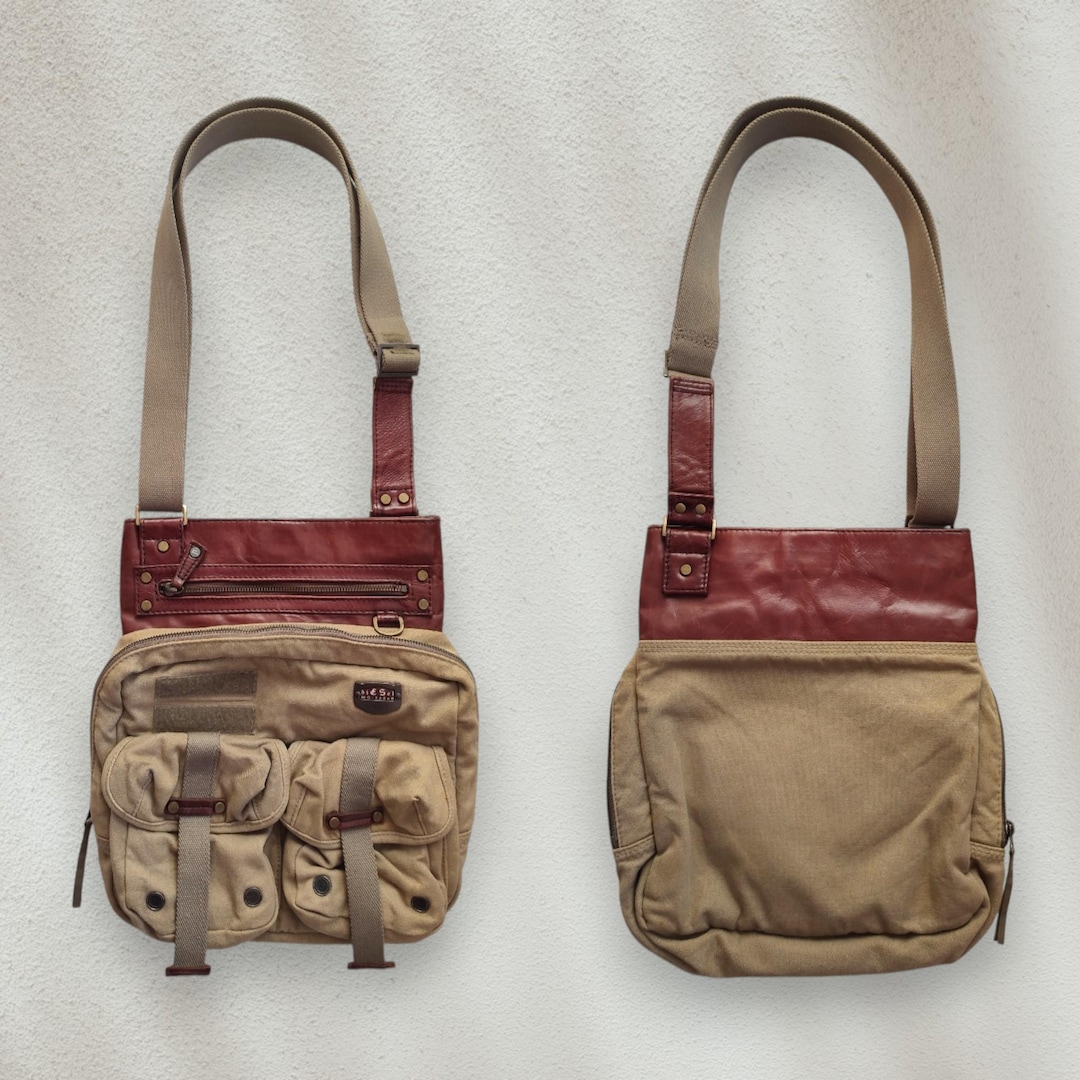 DIESEL Y2k Vintage Leather&canvas Cargo Bag in Khaki Brown