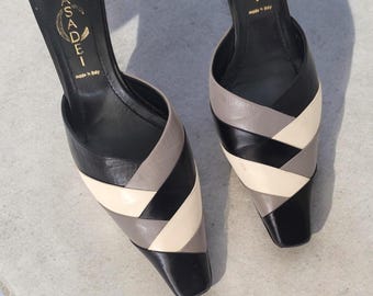 CASADEI Vintage Leather Mules Pointed Toe Kitten Heel Pumps 90's 00's Y2k Vtg Designer Pumps Heels Made In Italy Eu36/Us6