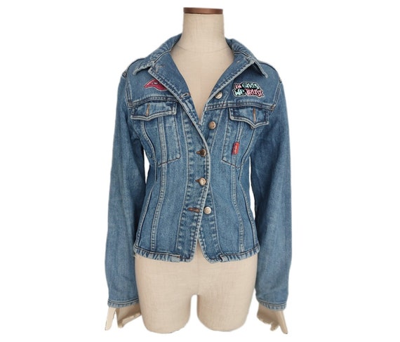 NAF NAF Slim Fit Women Denim Jacket With Lip Patched 00's Y2k Vintage Casual Jean Jackets Pin-Up/Rockabilly/Festival Jackets