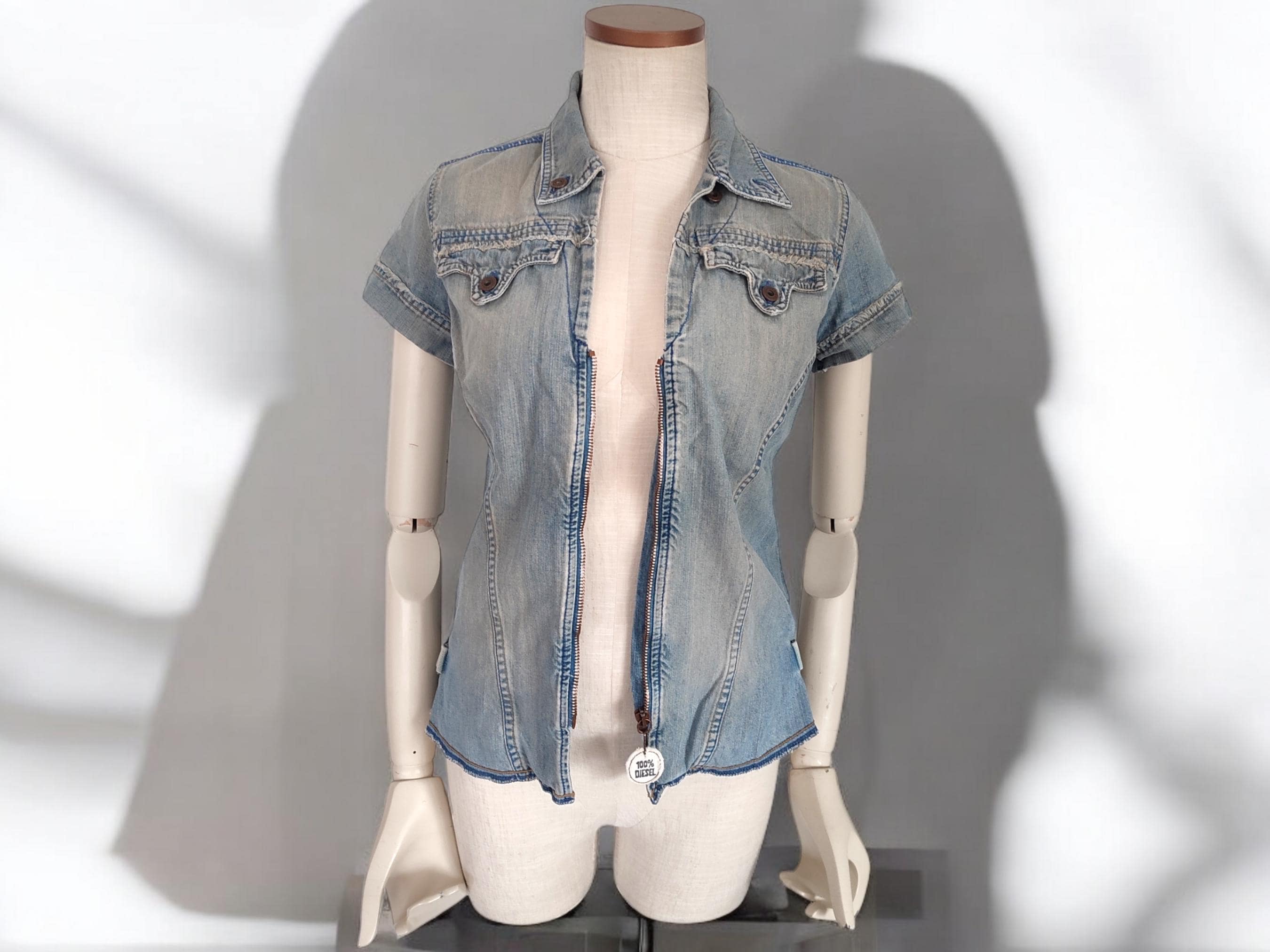 DIESEL Y2k Vintage Denim Top With Zip&back Logo Short Sleeve
