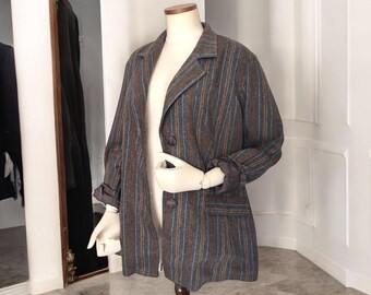 Blazer de lana a rayas vintage para mujer, chaqueta gris, chaqueta/abrigo de los años 80 y 90, chaqueta de negocios cálida para otoño e invierno, talla grande