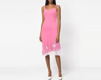 Y2k Vintage Pink Chiffon Strap Asymmetrical Dress, White Beaded Rose Floral Embroidered Size Small Sleeveless Retro Dress, 00's Y2k Clothing