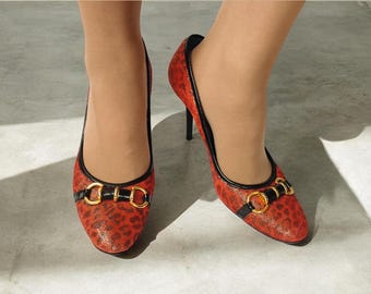 Vintage Red Leopar Gilded Horsebit Stiletto Pumps 90s 00s Y2k High Heels Size Eu40/Us9
