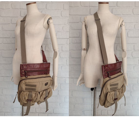 DIESEL Y2k Vintage Leather&canvas Cargo Bag in Khaki Brown