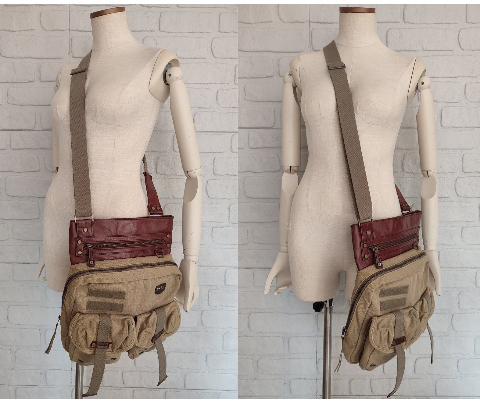 DIESEL Y2k Vintage Leather&canvas Cargo Bag in Khaki Brown 2000's