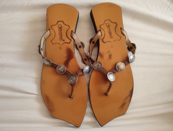 90's Y2k Vintage Flip Flops Leather Slippers With… - image 2