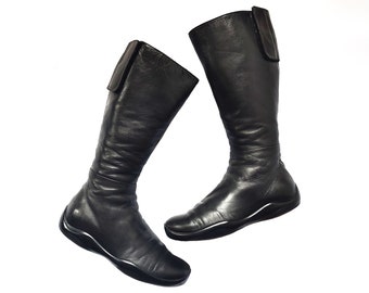 PRADA Vintage Black Leather Flat Riding Boots 90s 00s Y2k Knee High Boots Made In Italy Eu36 1/2