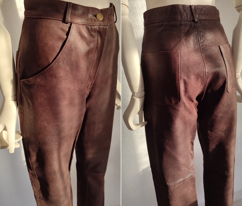 90-tals vintage bruna läderbyxor, damläderbyxor med hög midja, äkta läder, biker-/rocker-/motorcykelbyxor, storlek S/M bild 5