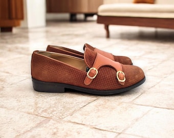 90's Vintage Brown Leather&Suede Monk Strap Loafer Double Buckle Handmade Unisex Shoes Slipper Eu38-39/Us7.5-8
