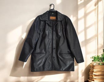 90's Vintage Black Leather Men's Jacket, Genuine Leather Minimalist Jacket, Button-Up Jacket Casual Jacket S/M