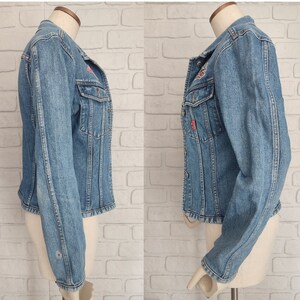 Pu&ograve; includere: Una giacca di jeans blu chiaro con una toppa rossa e bianca sul lato sinistro e una toppa rossa e bianca sul lato destro. La giacca ha una chiusura con bottoni e maniche lunghe.