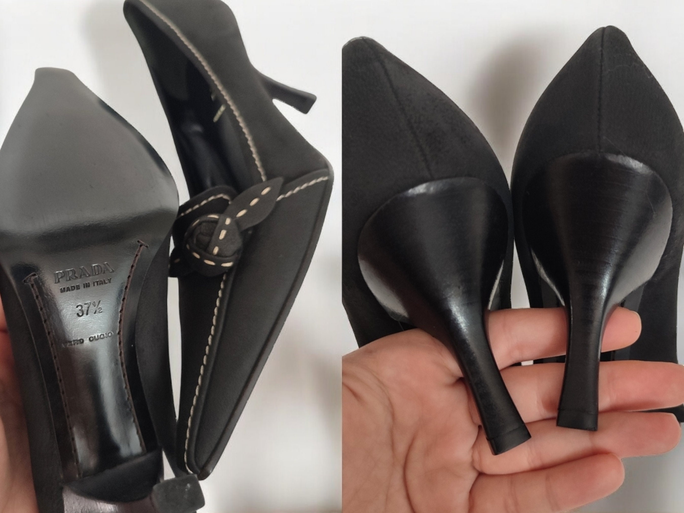 PRADA Vintage Black Leather Pointed Toe Pumps With Floral