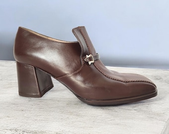 90's Vintage Leather Square Toe Heel Loafers in Brown Masculine Rare Womens Shoes Handmade Shoes Eu36-37/Us6