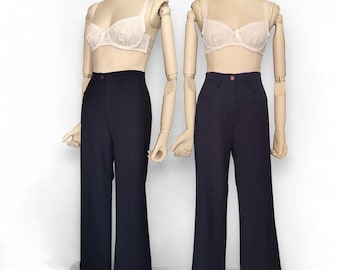 90's Vintage Women's Pants in Dark Navy High Waist Straight Trousers Classic Business Pant 90s 00s Y2k Pants S-M Pants