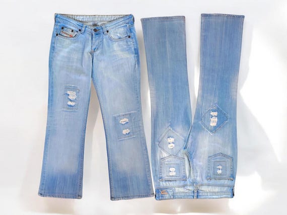 DIESEL Y2k Vintage Low Waist Women Jeans With Ripped Patch, Wide 