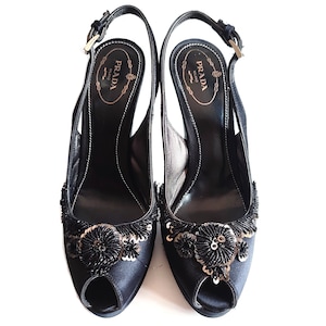 PRADA Peeptoe Slingback Pumps Black Satin Beaded Heels Vintage Designer Pumps Made In Italy Eu37.5-38