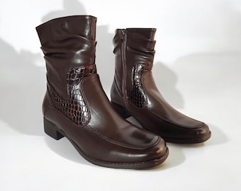 Brown Faux Leather Square Toe Ankle Boots, Crocodile Detaile Wrinkled Boots, Mod 90s Retro Boots, Vintage Boots, Eu41/Us10