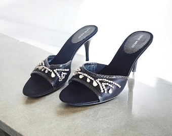 NINE WEST Schwarze Satin Pantoletten Mit Steinen 90's 00's Y2k Vintage Pumps Textil&Leder Pumps Gr