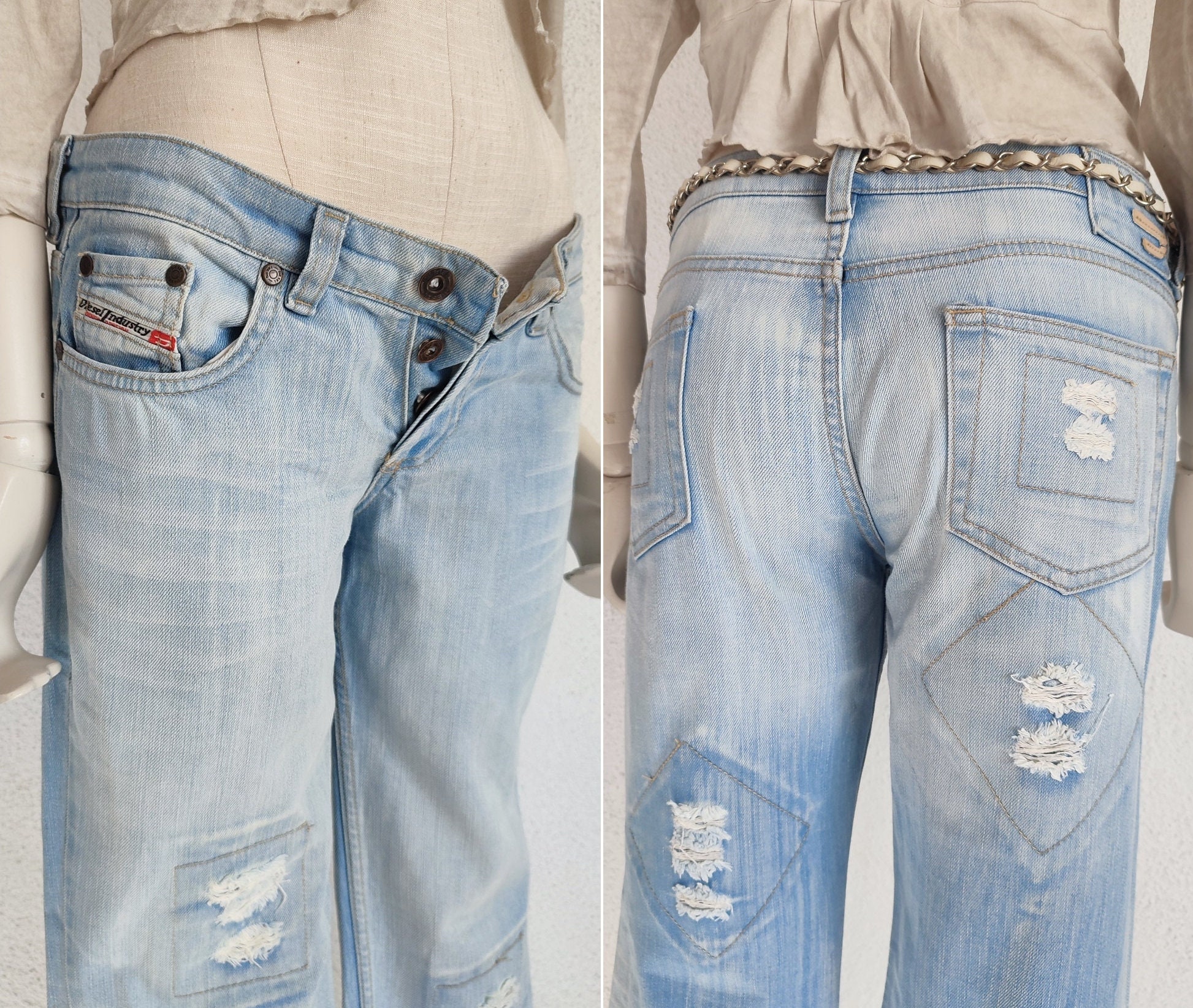 DIESEL Y2k Vintage Low Waist Women Jeans With Ripped Patch, Wide 