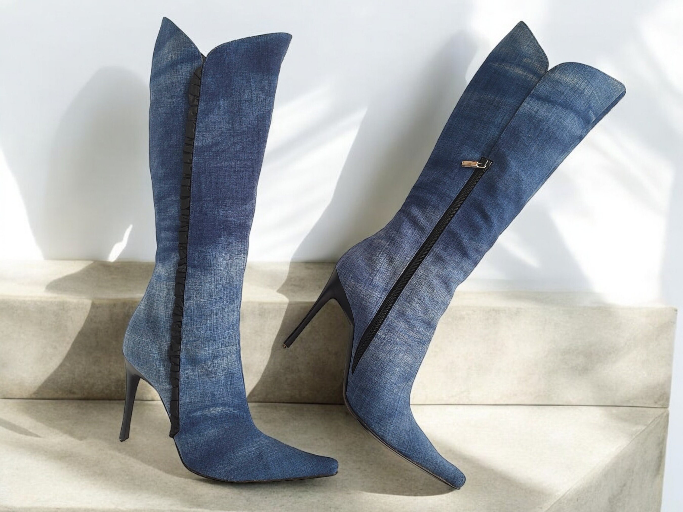 CASADEI High Knee Jean Boots Pointed Toe High Heeled Boots