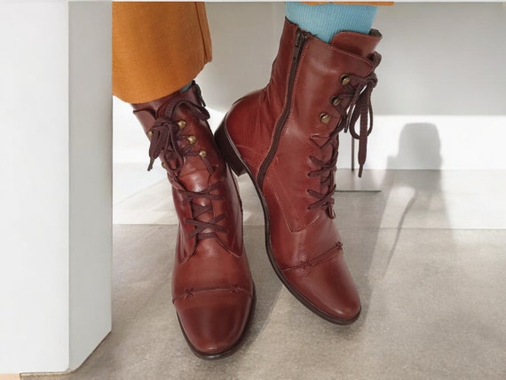 90s Vintage Brown Leather Lace-up Ankle Flat Boots, Special Cuir