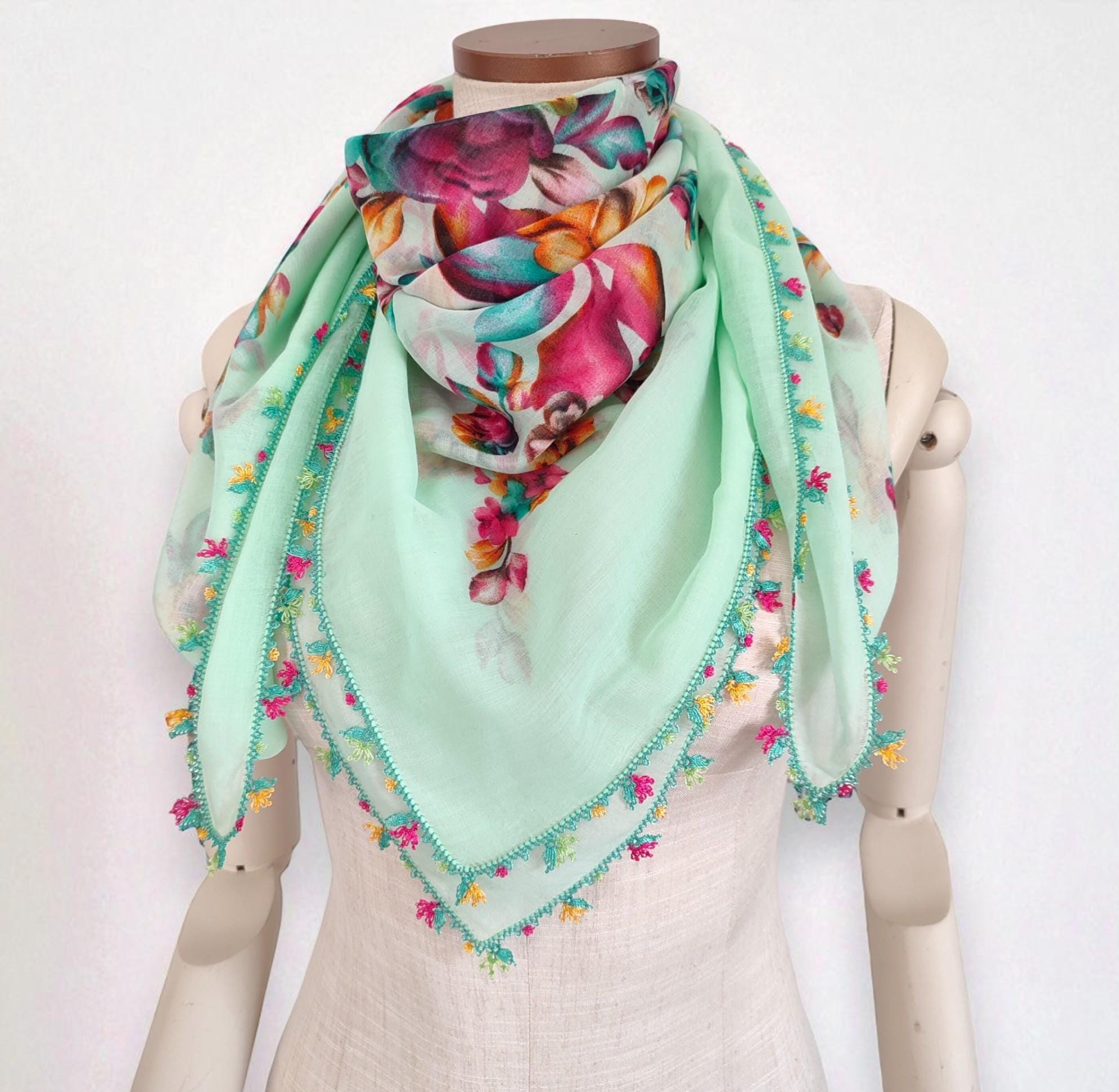Mint Green Floral Square Cotton Women's Scarf Traditional Turkish