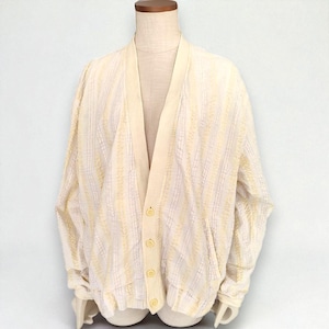 C&A Vintage 80&#39;s Striped Cotton Cardigan in White/Yellow Buttoned V-Neck Distressed Jacket Large Bomber Jacket Summer Cardigan
