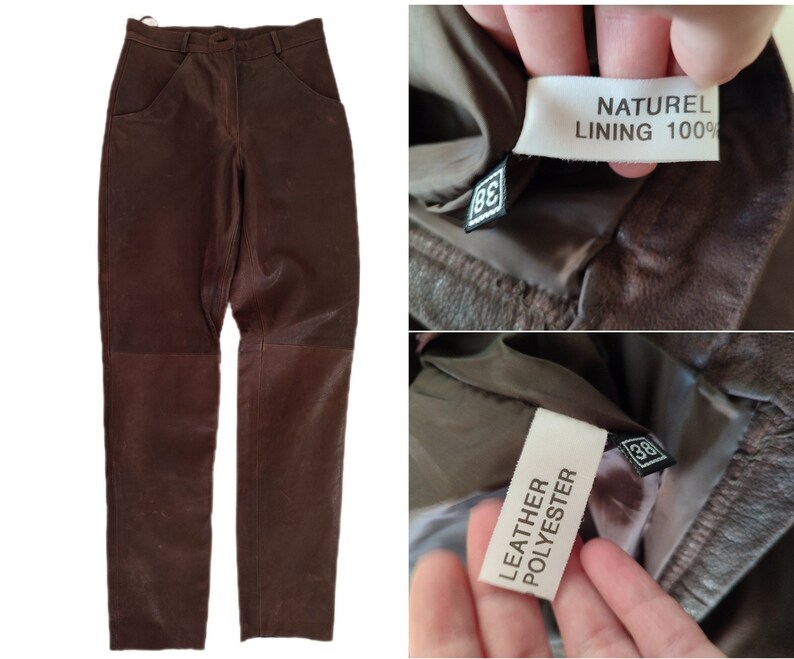 90-tals vintage bruna läderbyxor, damläderbyxor med hög midja, äkta läder, biker-/rocker-/motorcykelbyxor, storlek S/M bild 10