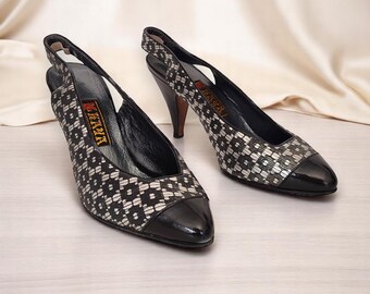 Vintage Two Tone Cap Toe Pumps 70's 80's Slingback Heels Handmade Shoes Eu35-36/Us5-6