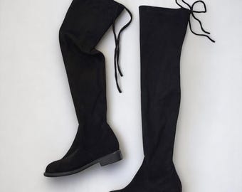 Y2k Vintage Czarne Sztuczne Zamszowe Buty Za Kolano Skarpetki Wysokie Płaskie Buty Damskie Buty Eu38-Us7.5