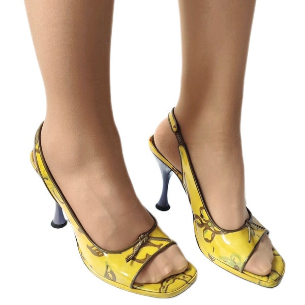 VIA SPIGA Patent Leather Square Toe Slingback Pumps In Oil Yellow 90's Vintage Made In Italy Pumps Eu39-Us8-Uk5.5