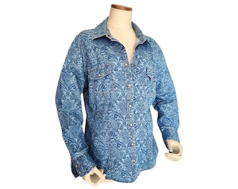C&A Yessica Authentic Vintage Patterned Denim Shirts 90s Vtg Long Sleeve Unisex Jean Shirt/Jacket/Cardigan/Top Size Large