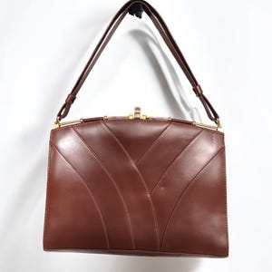 Vintage 80er Jahre Braun Kunstleder Handtasche, Klassische Top Griff Damen Tasche mit Goldverschluss, Mod 60er 70er 80er Jahre Damentasche