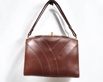 Vintage 80s Brown Faux Leather Handbag, Classic Top Handle Women Bag With Gold Closure, Mod 60s 70s 80s Womens Bag