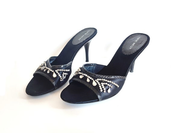 NINE WEST Black Satin Mules With Stones 90's 00's… - image 1